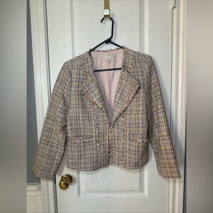 LOFT‎ Blazer Jacket Sz 6P Womans Pink Open Front Fringe tweed